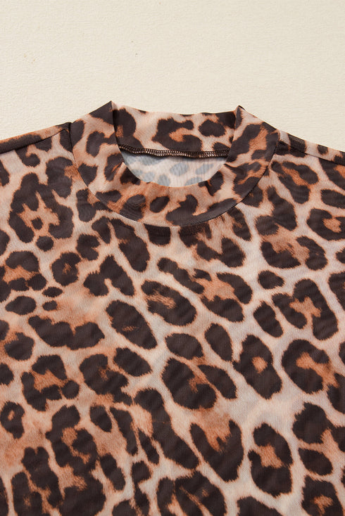 Leopard Mock Neck Sheer Mesh Fitted Long Sleeve Top